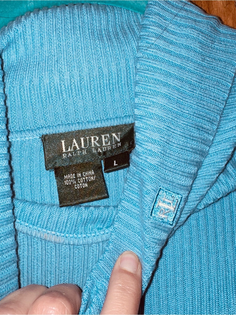 Lauren Ralph Lauren Sky Blue Ribbed Cotton Crewneck Sweater